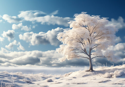 White tree isolated in cold winter landscape with lots of snow. AI generated