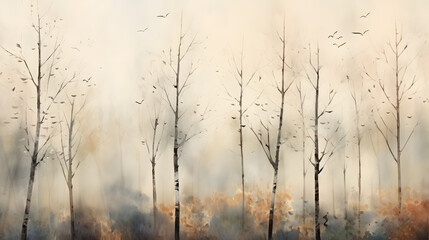 watercolor drawing forest pattern landscape of dry trees in autumn with birds and fog background
