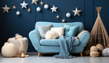 Interior items for a children's room in blue color, a sofa, pillows and a child's night light