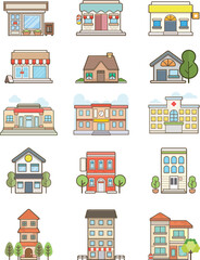 Flat city elements with residential and administrative buildings shop and cafe, Vector illustrator
