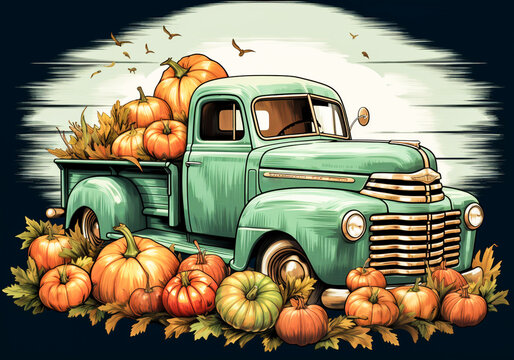 Illustration of old agricultural truck surrounded by many pumpkins. AI generated