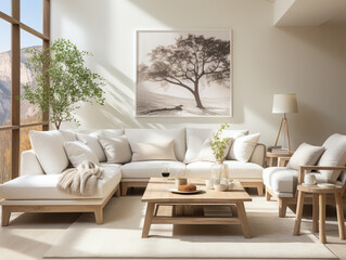 Modern living room, white interior, subtle furniture in the space, empty mock-up wall, clean wall, frame