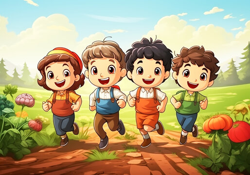 Happy cartoon of smiling boys running in a pumpkin field. AI generated