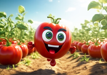 Happy cartoon of fresh tomato running in a field with a big smile. AI generated - obrazy, fototapety, plakaty