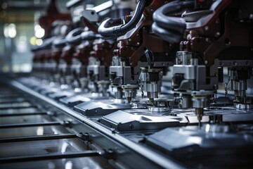 a pristine, reflective metallic assembly line surface, showcasing a clear space for product placement, contrasted by a blurred, bustling factory setting in the background
