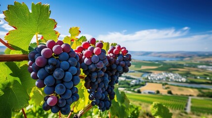 Picturesque summer agricultural landscape featuring vibrant rows of red grape vineyards under a blue sky, generative ai - obrazy, fototapety, plakaty