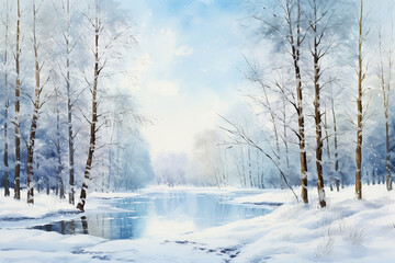 Forest landscape in winter with snow watercolor painting, Generative AI