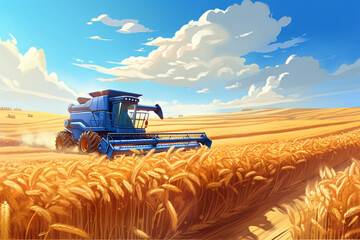 Fototapeta premium Harvesting grain with harvester in autumn, agricultural harvest concept illustration