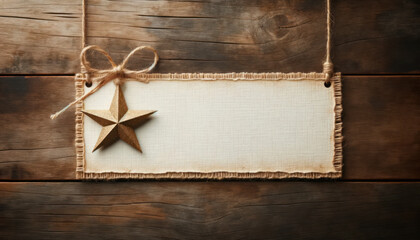 Blank canvas framed with rustic twine and golden star on a wooden surface