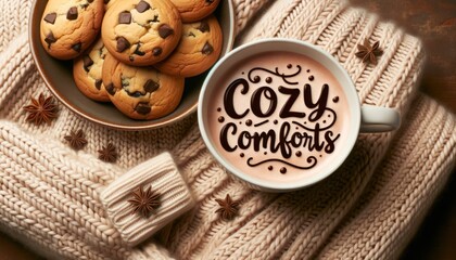 Fototapeta na wymiar Chocolate chip cookies and coffee with cozy knitwear