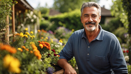 Handsome senior man takes care of garden - Powered by Adobe