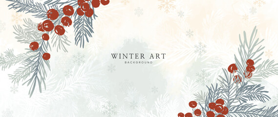 Winter botanical watercolor leaf branches background vector illustration. Hand painted watercolor foliage, berry, pine leaves, holly sprig, snowflakes. Design for poster, wallpaper, banner, card. © TWINS DESIGN STUDIO