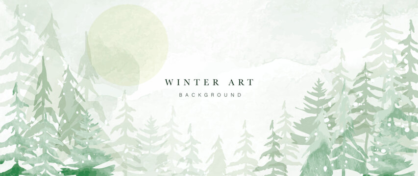 Winter background vector. Hand painted watercolor, mountain with snow, pine forest, moon hand drawing. Design for wallpaper, wall arts, cover, wedding, decoration, banner.