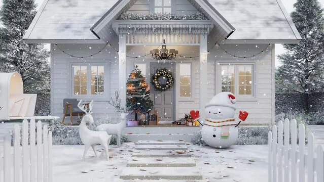 Animation of front of tiny house entrance porch in winter with Christmas and New Year concept 3d render decorated with cute snowman ,deer sculpture and Christmas tree