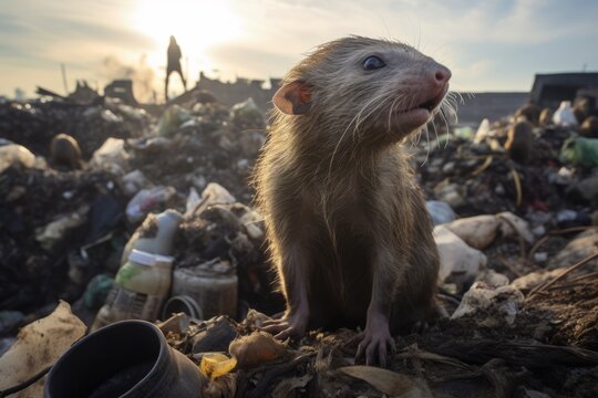 Rat close-up in a landfill surrounded by garbage
