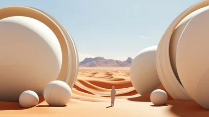 Foto op Canvas In the vast desert expanse, a lone figure gazes up at the endless sky, surrounded by ethereal white spheres scattered across the barren ground © Envision