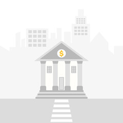 Bank building on street with the modern city background. Vector illustration. Flat style.