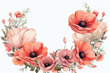 Sweet floral frame with blooming poppy and daisy leaves. Generative AI