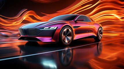 Obraz premium A sleek, fiery speed demon glides effortlessly across the sleek obsidian road, its powerful wheels devouring the distance with fierce determination and a touch of rebellion