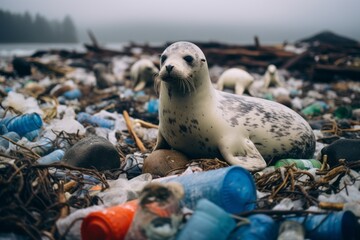 An infant seal gracefully moving through mud in the midst of a landfill filled with garbage