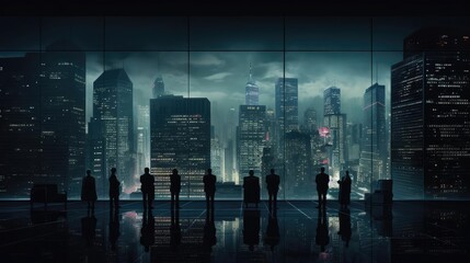 Fototapeta na wymiar Dark figures of people on the background of the night city