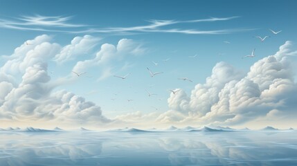 A breathtaking display of nature's beauty as a flock of birds soar through the endless expanse of sky above a tranquil sea, framed by fluffy clouds and a stunning landscape - obrazy, fototapety, plakaty