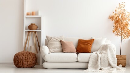 White sofa with plaid and cushions on knitted rug on wall background. modern living room. Mockup living room