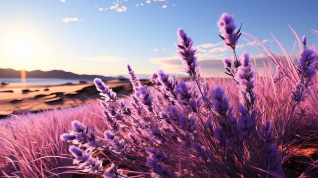 As the fiery sky painted the horizon, a sea of lavender and purple flowers swayed in the gentle breeze of the open field, nestled between the lush green grass and the sparkling water of the beach