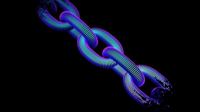 3D chain links is gradually created from pixels on black background. Abstract concept of blockchain data protection, cryptocurrency mining or crypto investment business. Digital security 4K animation