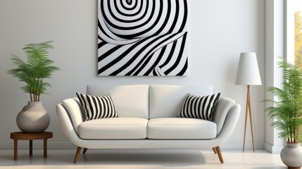 A sleek and modern living room design with a white couch adorned with bold black and white striped pillows, accompanied by a lush houseplant in a stylish vase and a charming flowerpot