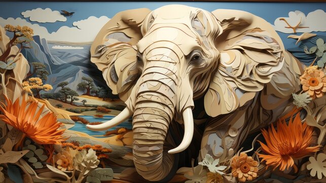 A majestic elephant crafted from delicate paper stands proudly in a museum, its vibrant colors and intricate details a true work of art, evoking a sense of wonder and awe in all who gaze upon it