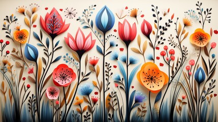A vivid and abstract depiction of nature's beauty, as delicate paper-cut flowers and plants burst forth with wild and fluid strokes of artistry