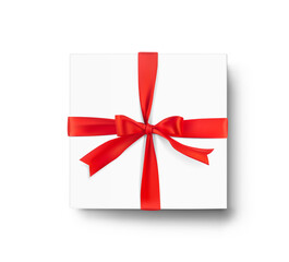 Realistic gift box with red bow with transparent shadow. Illustration ready for your design.