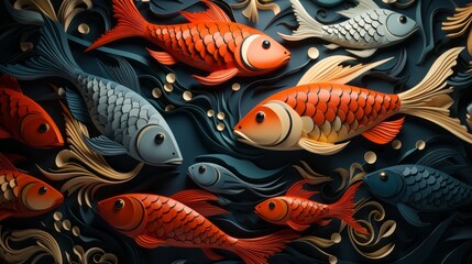 A shimmering school of goldfish swarmed together in perfect harmony, a living masterpiece of fluid motion and wild beauty