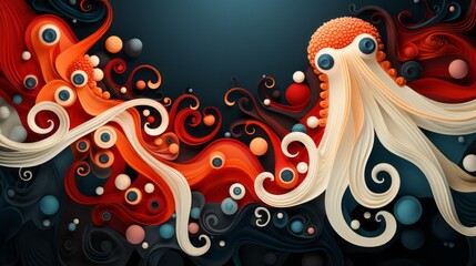 A mesmerizing invertebrate masterpiece, this vibrant octopus swirls with artful orange and white, evoking feelings of wonder and fascination with its fluid movements - obrazy, fototapety, plakaty