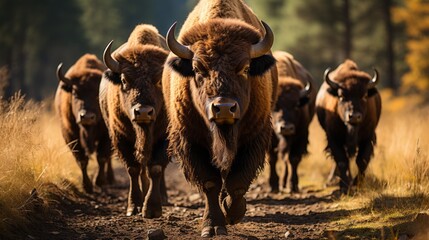 A majestic herd of wild bison roam freely through the grassy fields, their powerful hooves thundering on the earth as they graze and stand tall, a symbol of the untamed beauty of nature - obrazy, fototapety, plakaty