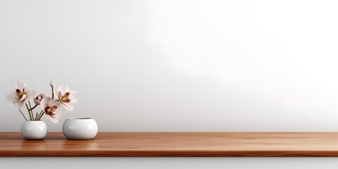 Empty wooden white table over white wall background, product display montage. High quality photo