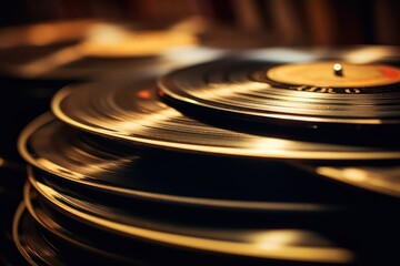 Close up shot of Vinyl records stack on top. Pile of classic music vinyl records.