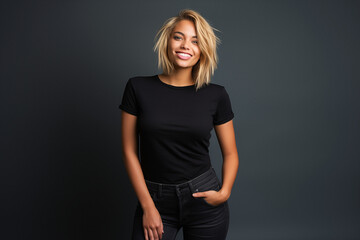Fototapeta premium Beautiful blonde, Brazilian woman wearing black shirt. on black bacgriund, model portrait, smiling candidly.