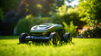 Robotic Lawn Mower cutting green grass in the garden. Automatic robot lawnmower in modern garden on sunny day close up. - obrazy, fototapety, plakaty