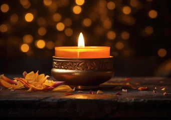 Foto op Canvas vela para fiesta diwali encendida dentro de soporte metálico decorado sobre mesa con fondo oscuro y dorado desenfocado © Helena GARCIA