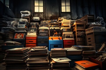 Vinyl records stack  on top. Pile of classic music vinyl records.