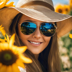 Retrato cara de cerca mujer con sombrero gafas de sol de espejo sonriendo en un campo con flores amarillas y en los cristales de sus gafas se refleja el paisaje