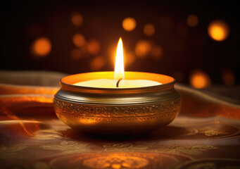 vela encendida para fiesta diwali dentro de soporte metálico decorado sobre mesa con fondo oscuro y dorado desenfocado - obrazy, fototapety, plakaty