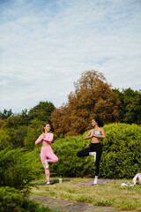 Two smiling women doing exercises with palms together on yoga mats in park