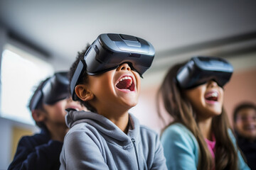 New Generation Alpha Kids Using VR Headsets to Learn. Gen Alpha Digital Natives with Virtual Reality Glasses in a School Classroom.
