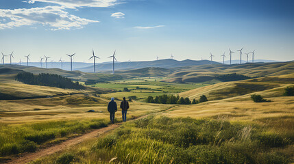 Engineers wearing protective headgear inspect wind turbines against a rolling-hilled landscape, embodying the powerful wind energy industry. - obrazy, fototapety, plakaty