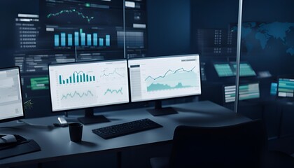 Naklejka premium Two Digital Computer Screens with Financial Analytical Data in a Modern Monitoring Office. Control Room with Finance data on the screens
