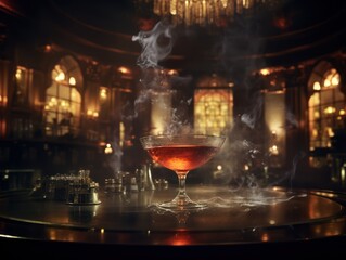 Exclusive drink with smoke standing on bar in the club