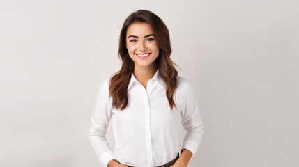 A vivacious dark-haired businesswoman pupil in a white blouse, beaming and optimistic, with arms crossed, set against a plain backdrop. - obrazy, fototapety, plakaty